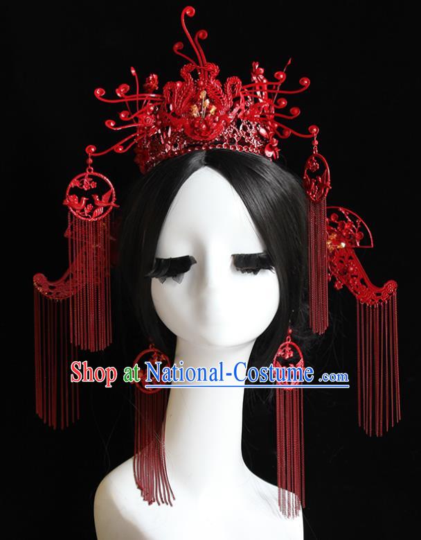 Traditional Chinese Bride Red Tassel Phoenix Coronet Headdress Ancient Wedding Hair Accessories for Women