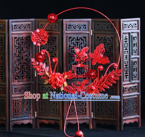 Traditional Chinese Classical Red Crane Fans Ancient Hanfu Wedding Palace Fan for Women