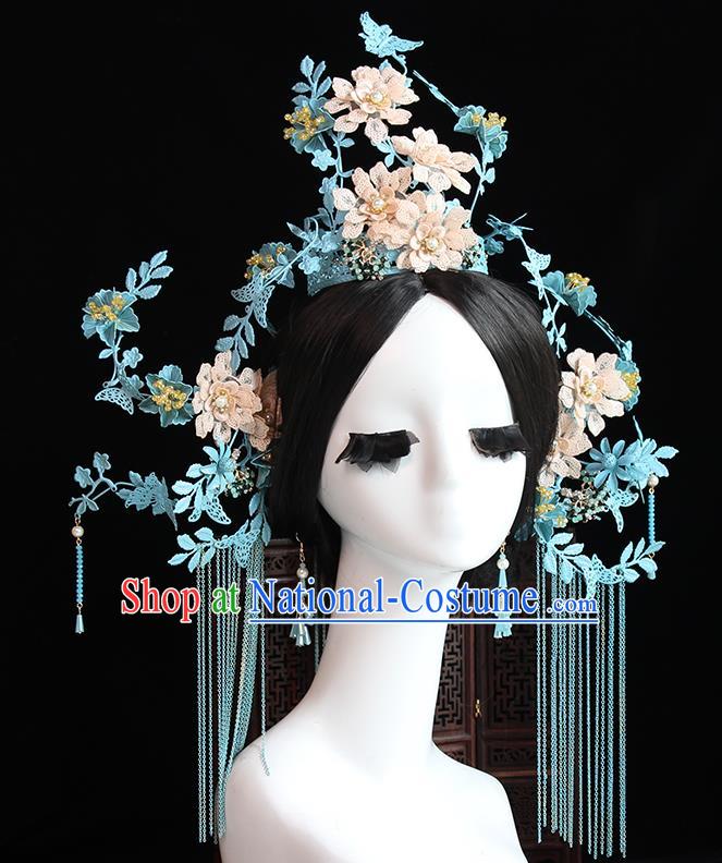 Traditional Chinese Bride Blue Phoenix Coronet Headdress Ancient Wedding Hair Accessories for Women