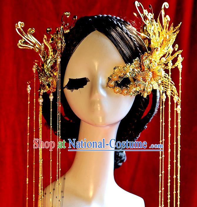 Traditional Chinese Bride Golden Phoenix Tassel Hair Clasp Headdress Ancient Wedding Hair Accessories for Women