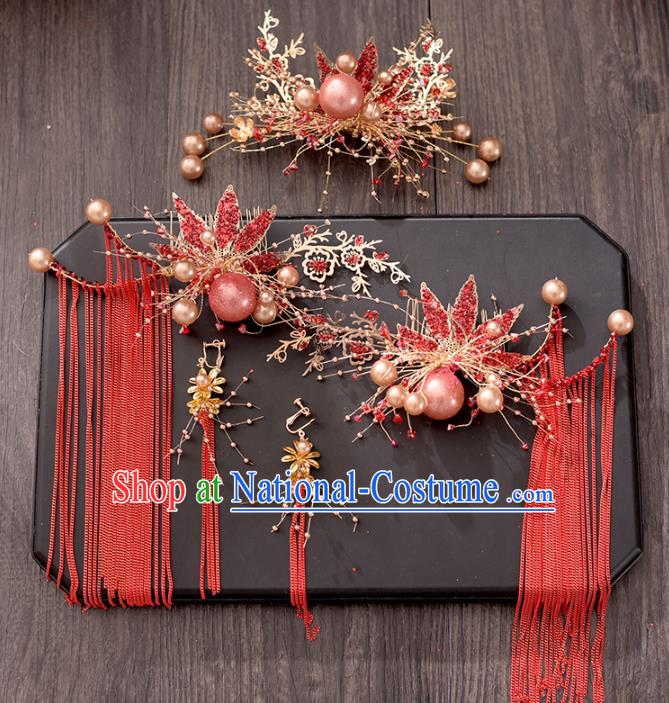 Traditional Chinese Bride Hair Crown Red Tassel Hairpins Headdress Ancient Wedding Hair Accessories for Women