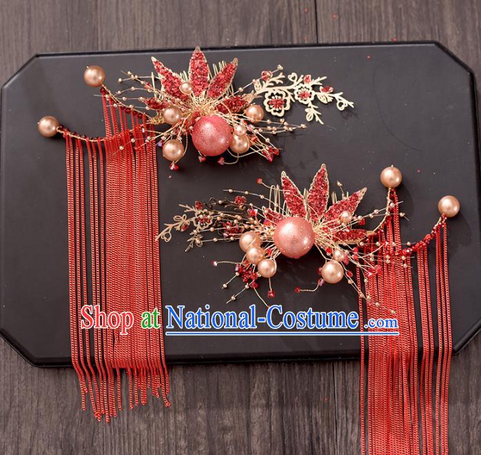 Traditional Chinese Bride Hair Crown Red Tassel Hairpins Headdress Ancient Wedding Hair Accessories for Women