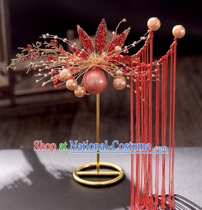 Traditional Chinese Bride Hair Crown Red Tassel Hairpins Headdress Ancient Wedding Hair Accessories for Women