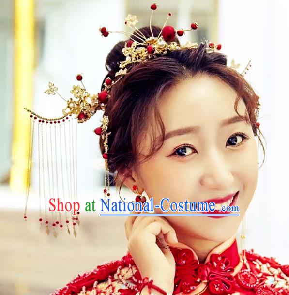 Traditional Chinese Bride Hair Comb Tassel Hairpins Headdress Ancient Wedding Hair Accessories for Women