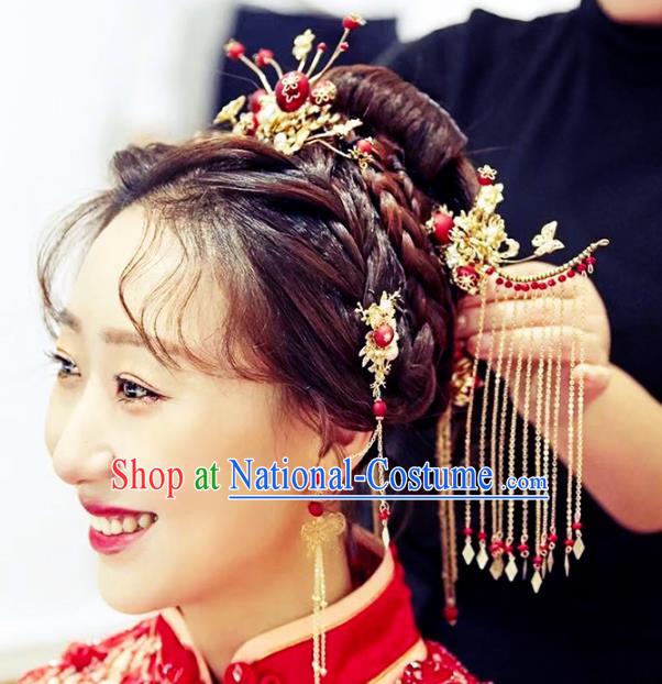 Traditional Chinese Bride Hair Comb Tassel Hairpins Headdress Ancient Wedding Hair Accessories for Women