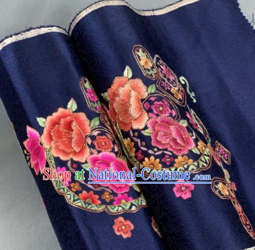 Chinese Traditional Classical Embroidered Peony Pattern Design Deep Blue Silk Fabric Asian Hanfu Material