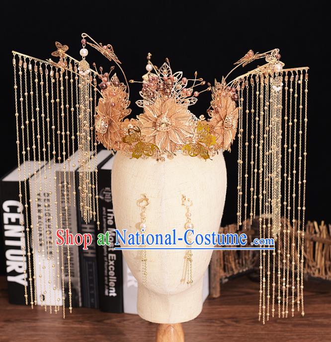 Traditional Chinese Bride Golden Flowers Phoenix Coronet Headdress Ancient Wedding Hair Accessories for Women