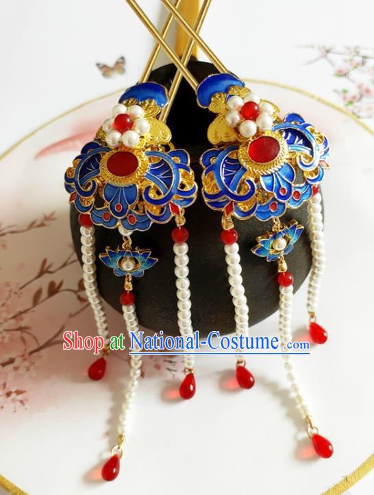 Traditional Chinese Pearls Tassel Cloisonne Hairpin Headdress Ancient Court Hair Accessories for Women