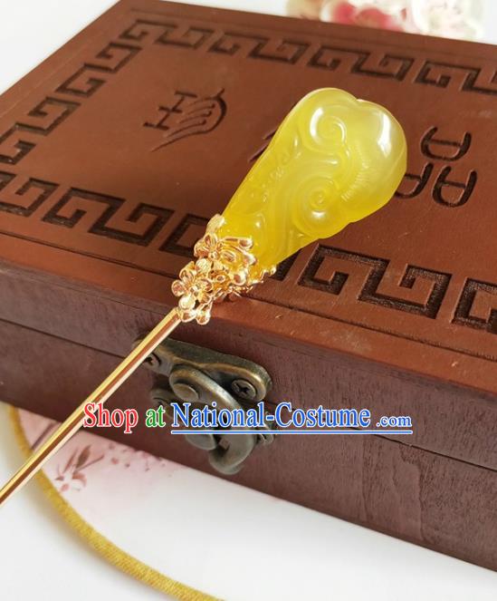 Traditional Chinese Yellow Jade Hairpin Headdress Ancient Court Hair Accessories for Women