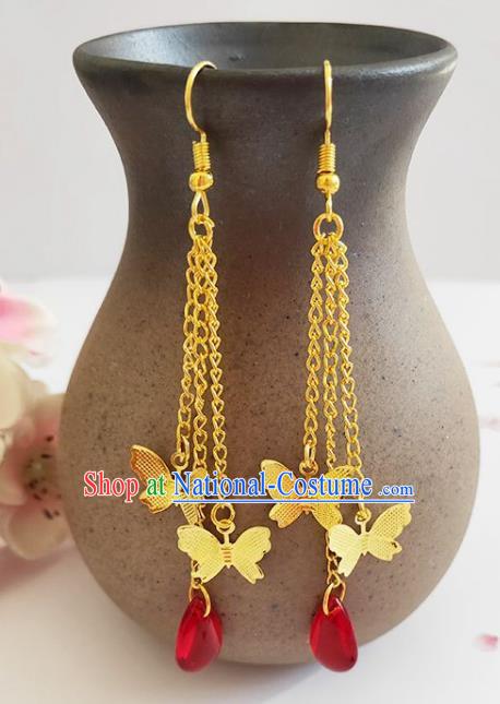 Traditional Chinese Handmade Red Water Drop Golden Butterfly Earrings Ancient Hanfu Ear Accessories for Women