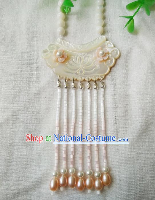 Traditional Chinese Handmade White Shell Necklace Ancient Hanfu Pearls Tassel Necklet Accessories for Women