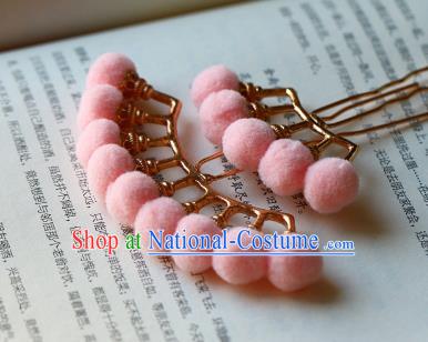 Traditional Chinese Ming Dynasty Pink Pompon Hairpins Headdress Ancient Court Hair Accessories for Women