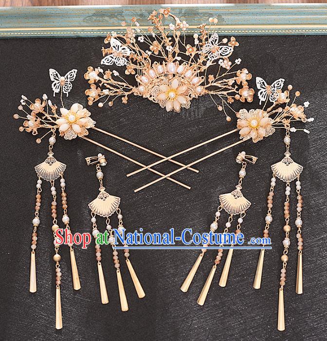 Traditional Chinese Bride Pearls Hair Comb and Tassel Hairpins Headdress Ancient Wedding Hair Accessories for Women