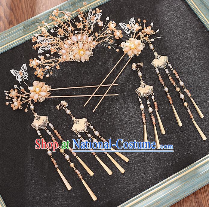 Traditional Chinese Bride Pearls Hair Comb and Tassel Hairpins Headdress Ancient Wedding Hair Accessories for Women