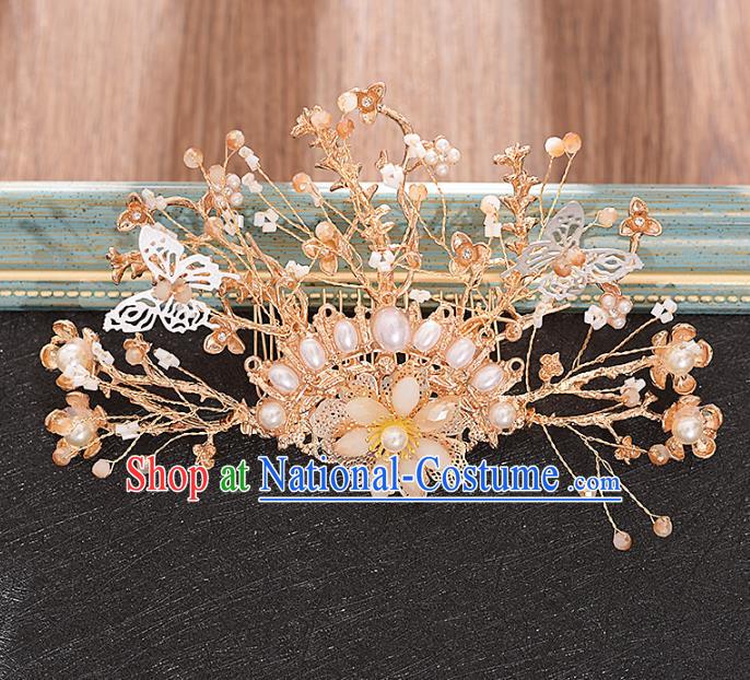 Traditional Chinese Bride Pearls Hair Comb and Tassel Hairpins Headdress Ancient Wedding Hair Accessories for Women