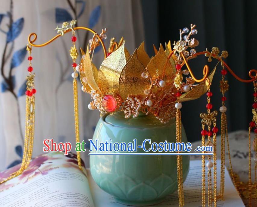 Traditional Chinese Tang Dynasty Golden Lotus Phoenix Coronet Headdress Ancient Wedding Hair Accessories for Women