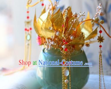 Traditional Chinese Tang Dynasty Golden Lotus Phoenix Coronet Headdress Ancient Wedding Hair Accessories for Women