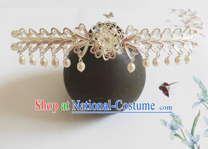 Traditional Chinese Tang Dynasty Pearls Tassel Argent Hairpin Headdress Ancient Court Hair Accessories for Women