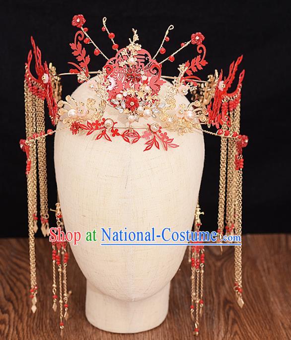 Traditional Chinese Bride Red Phoenix Coronet Headdress Ancient Wedding Hair Accessories for Women