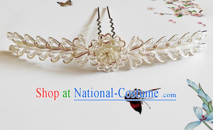 Traditional Chinese Tang Dynasty Argent Hairpin Headdress Ancient Court Hair Accessories for Women