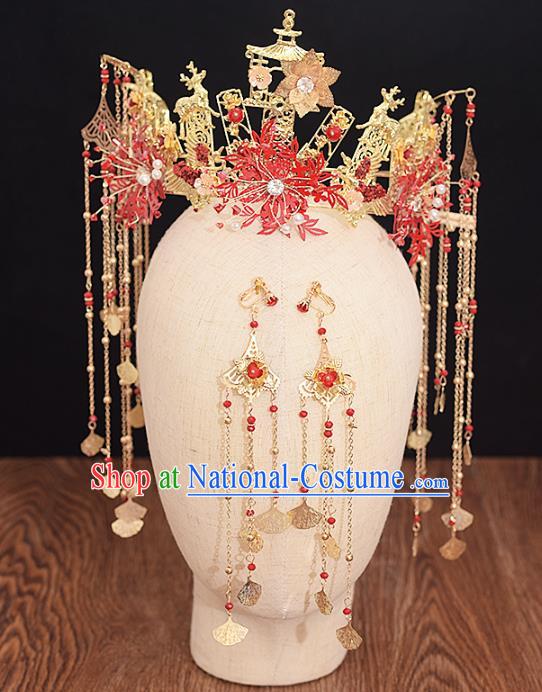 Traditional Chinese Bride Golden Deer Phoenix Coronet Headdress Ancient Wedding Hair Accessories for Women