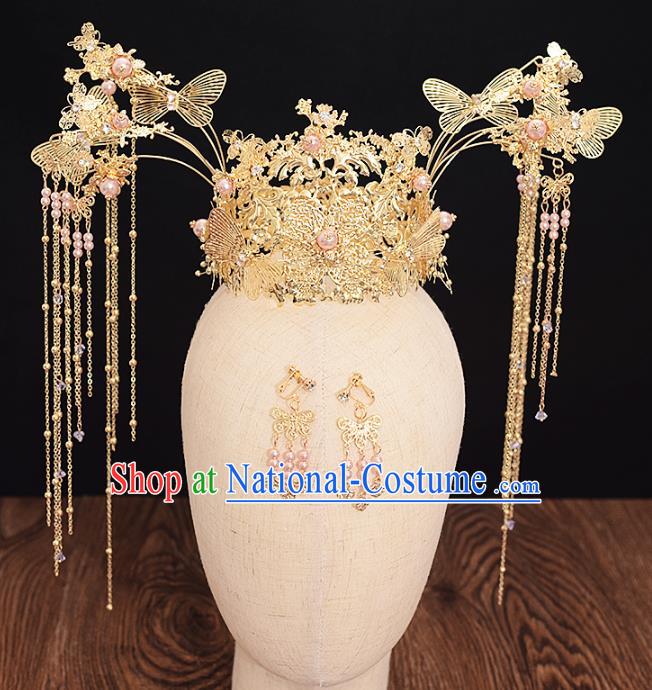 Traditional Chinese Bride Golden Butterfly Pearls Phoenix Coronet Headdress Ancient Wedding Hair Accessories for Women