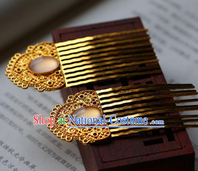 Traditional Chinese Tang Dynasty Golden Hair Combs Headdress Ancient Court Hair Accessories for Women