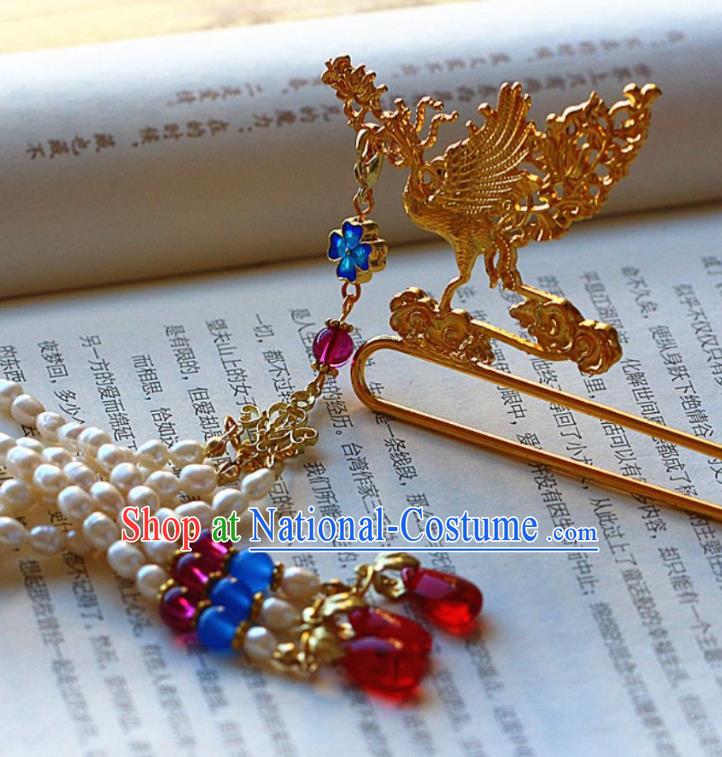 Traditional Chinese Tang Dynasty Pearls Tassel Phoenix Hairpins Headdress Ancient Court Hair Accessories for Women