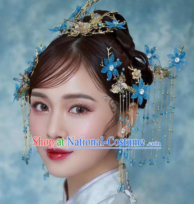 Traditional Chinese Bride Blue Flowers Hair Comb Hairpins Headdress Ancient Wedding Hair Accessories for Women