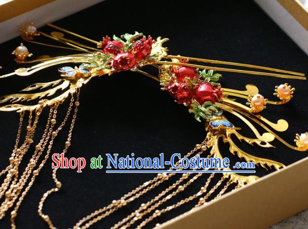 Traditional Chinese Ming Dynasty Red Pomegranate Tassel Hairpins Headdress Ancient Court Hair Accessories for Women