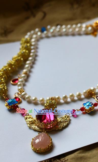 Traditional Chinese Handmade Blueing Lotus Necklace Ancient Hanfu Pearls Necklet Accessories for Women