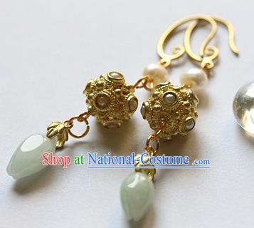 Traditional Chinese Handmade Jade Golden Earrings Ancient Hanfu Ear Accessories for Women