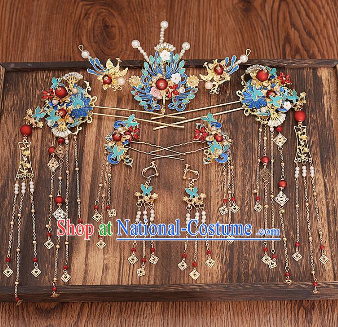 Traditional Chinese Bride Cloisonne Phoenix Hair Comb Hairpins Headdress Ancient Wedding Hair Accessories for Women