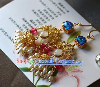 Traditional Chinese Handmade Blueing Lotus Pearls Tassel Earrings Ancient Hanfu Ear Accessories for Women