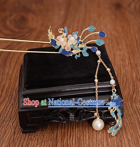 Traditional Chinese Handmade Blue Phoenix Tassel Hairpin Headdress Ancient Hanfu Hair Accessories for Women