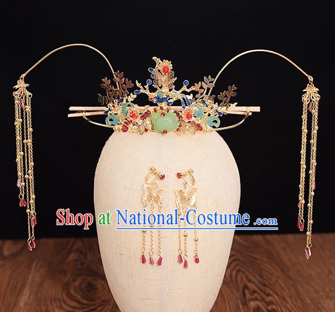 Traditional Chinese Bride Jade Lotus Phoenix Coronet Headdress Ancient Wedding Hair Accessories for Women