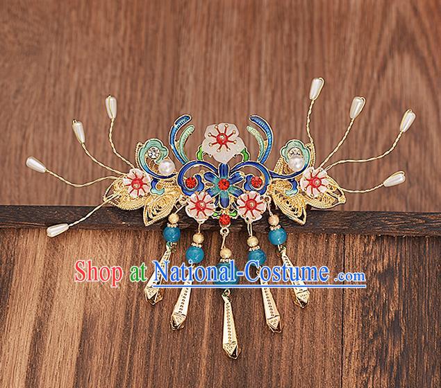 Traditional Chinese Handmade Blue Hair Comb Headdress Ancient Hanfu Hair Accessories for Women