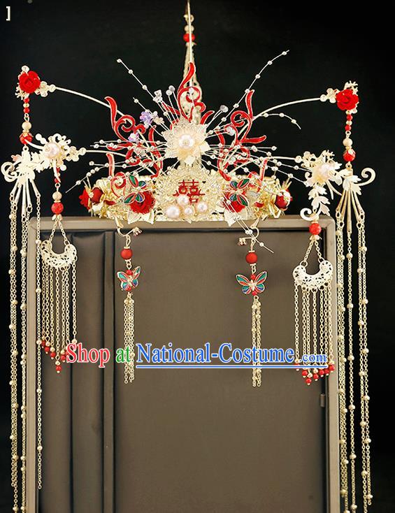 Traditional Chinese Bride Red Rose Phoenix Coronet Headdress Ancient Wedding Hair Accessories for Women