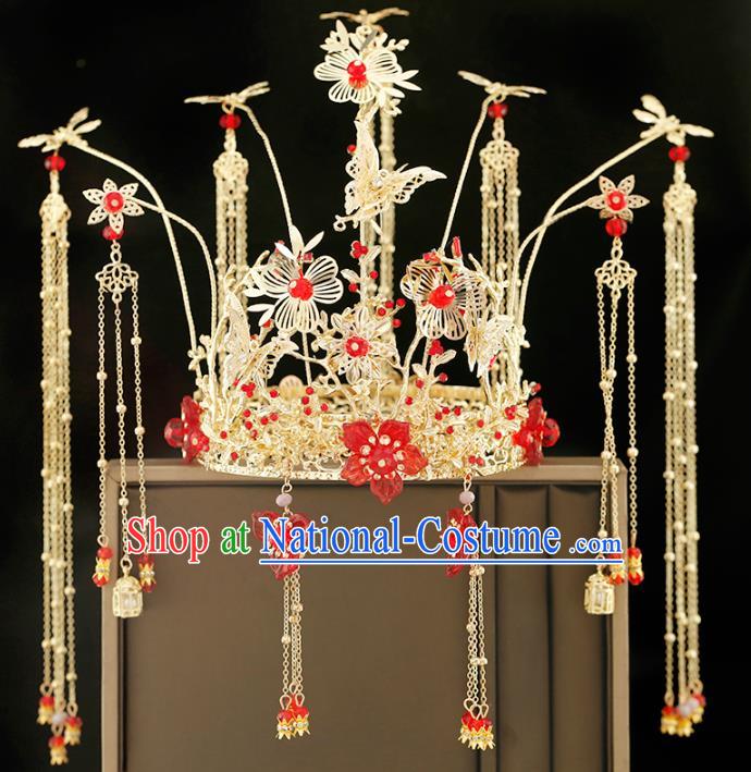 Traditional Chinese Bride Red Plum Blossom Phoenix Coronet Headdress Ancient Wedding Hair Accessories for Women