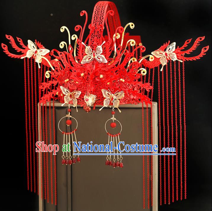 Traditional Chinese Bride Red Tassel Phoenix Coronet Headdress Ancient Wedding Hair Accessories for Women