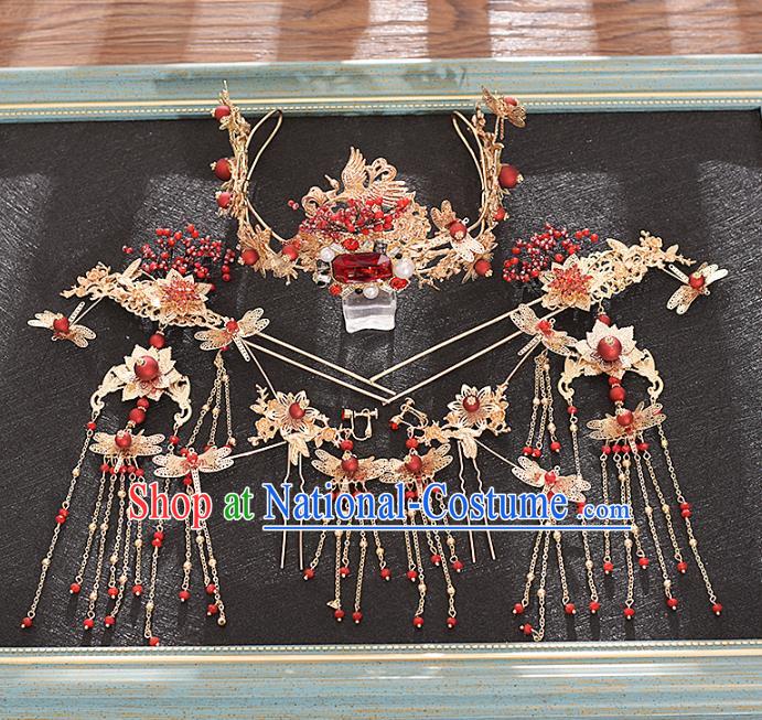 Traditional Chinese Bride Red Crane Hair Crown and Hairpins Headdress Ancient Wedding Hair Accessories for Women