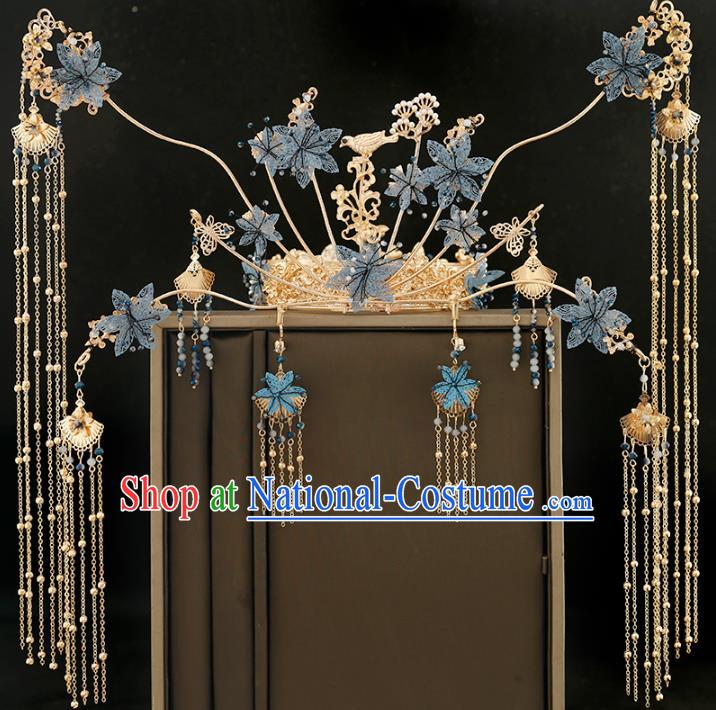 Traditional Chinese Bride Tassel Blue Flowers Phoenix Coronet Headdress Ancient Wedding Hair Accessories for Women