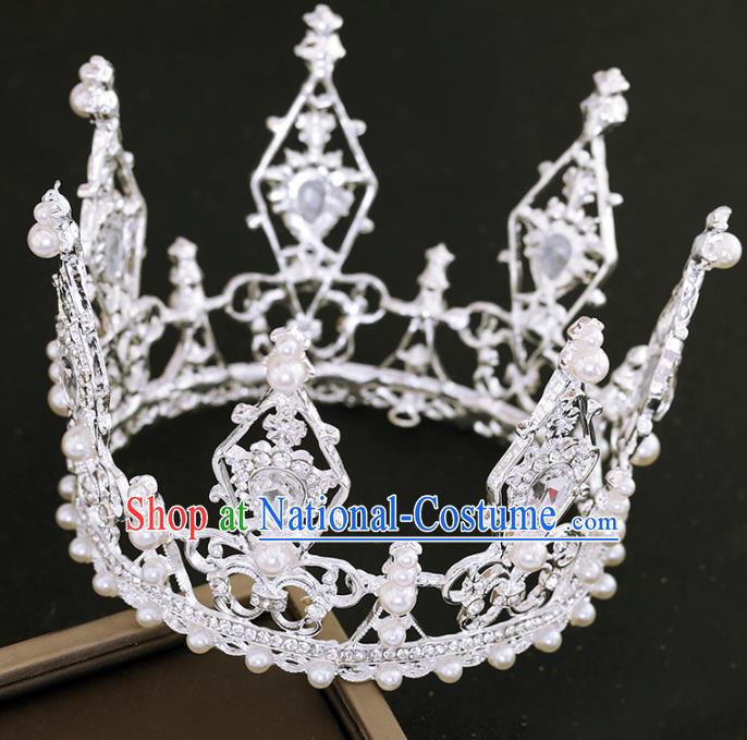 Top Grade Princess Crystal Round Royal Crown Handmade Baroque Bride Hair Accessories for Women