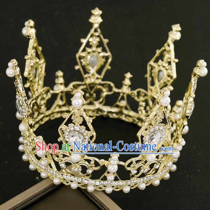 Top Grade Princess Crystal Golden Round Royal Crown Handmade Baroque Bride Hair Accessories for Women