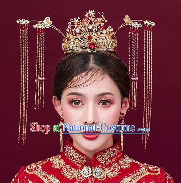 Traditional Chinese Bride Golden Hair Coronet Headdress Ancient Wedding Hair Accessories for Women