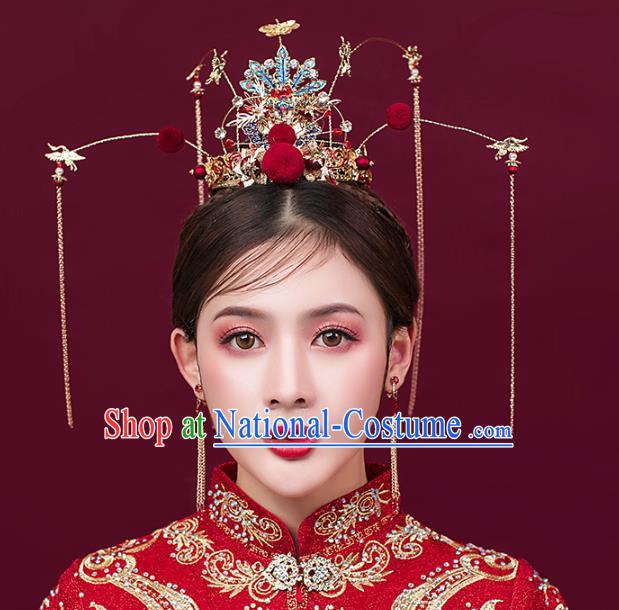 Traditional Chinese Bride Blueing Phoenix Hair Coronet Headdress Ancient Wedding Hair Accessories for Women