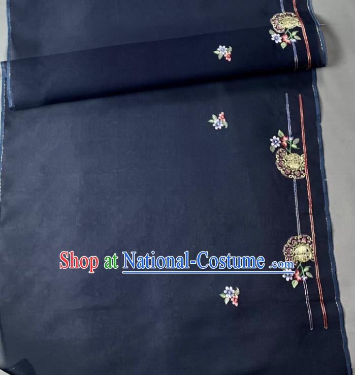 Chinese Traditional Embroidered Pattern Design Navy Silk Fabric Asian Hanfu Material