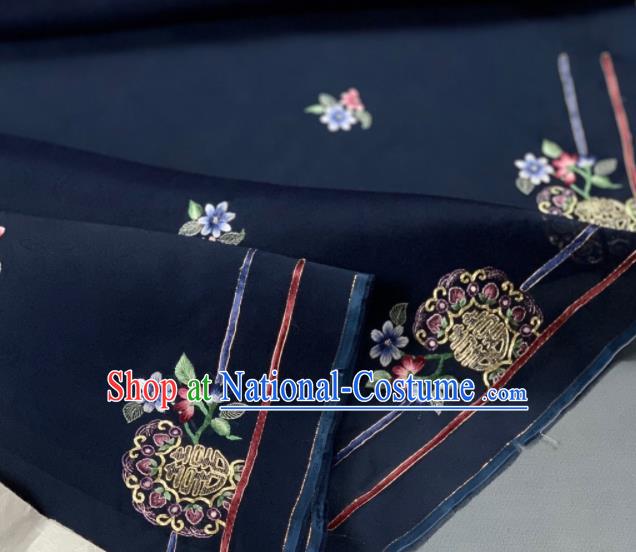 Chinese Traditional Embroidered Pattern Design Navy Silk Fabric Asian Hanfu Material