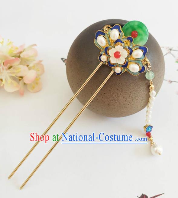 Traditional Chinese Qing Dynasty Cloisonne Jade Hairpin Headdress Ancient Court Hair Accessories for Women