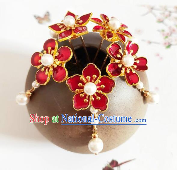 Traditional Chinese Little Red Plum Blossom Hairpins Headdress Ancient Court Hair Accessories for Women